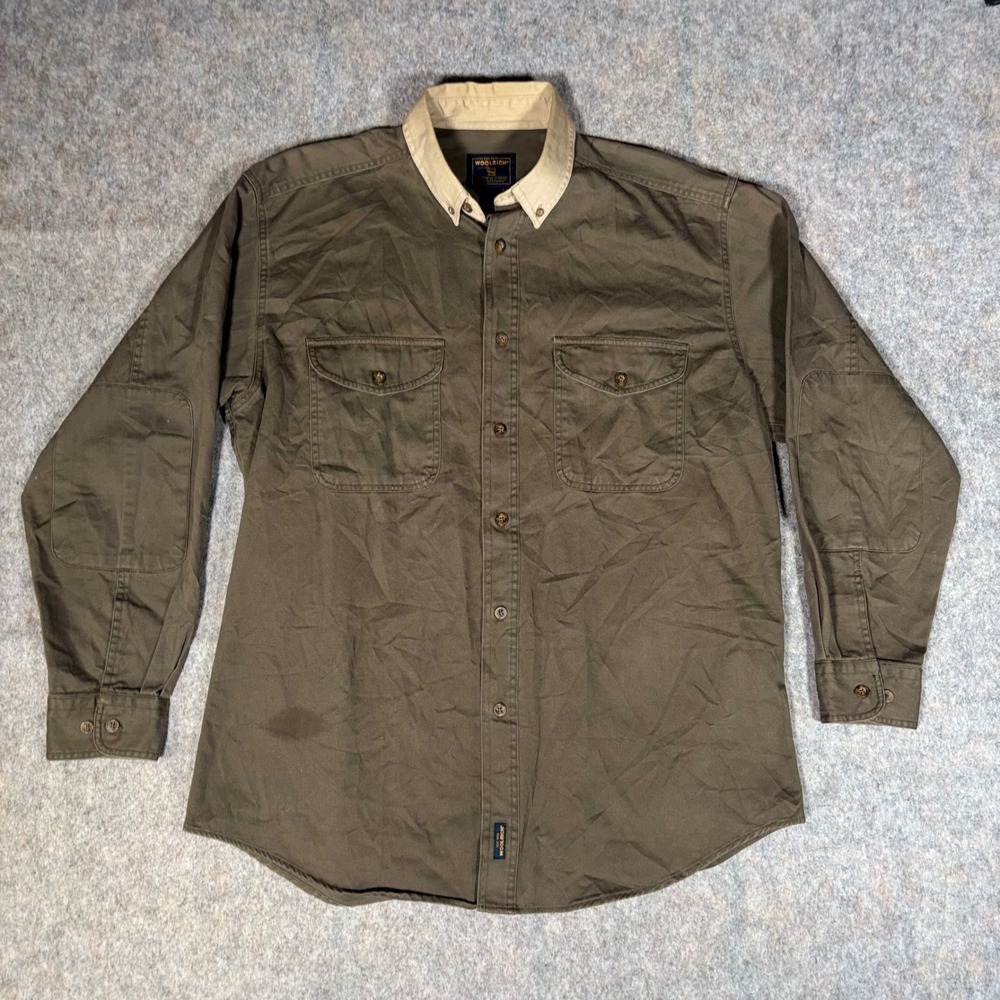 Woolrich Canvas Button Down Shirt Mens L Olive Green Cotton Elbow Patch 6078